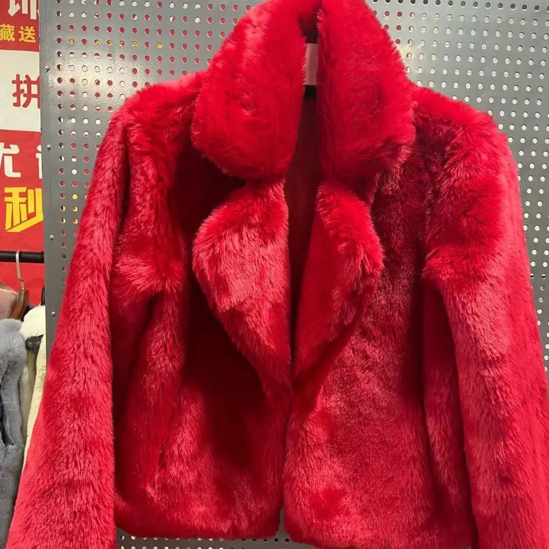 Women Faux Fur Turn Down Collar Short Red Coat Autumn/Winter Imitation Rex Rabbit Fur Jacket INS Furry Parka Flocking Cardigan