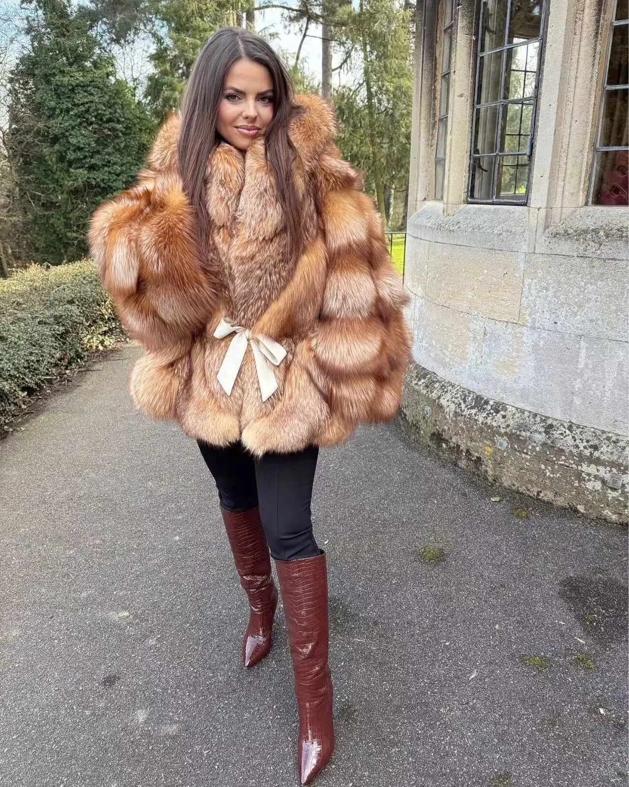 Hot Sale GoldRed Women's Hooded Fox Fur Coat with Batwing Sleeves Double-Sided Natural Fur Jacket Ladies Outerwear
