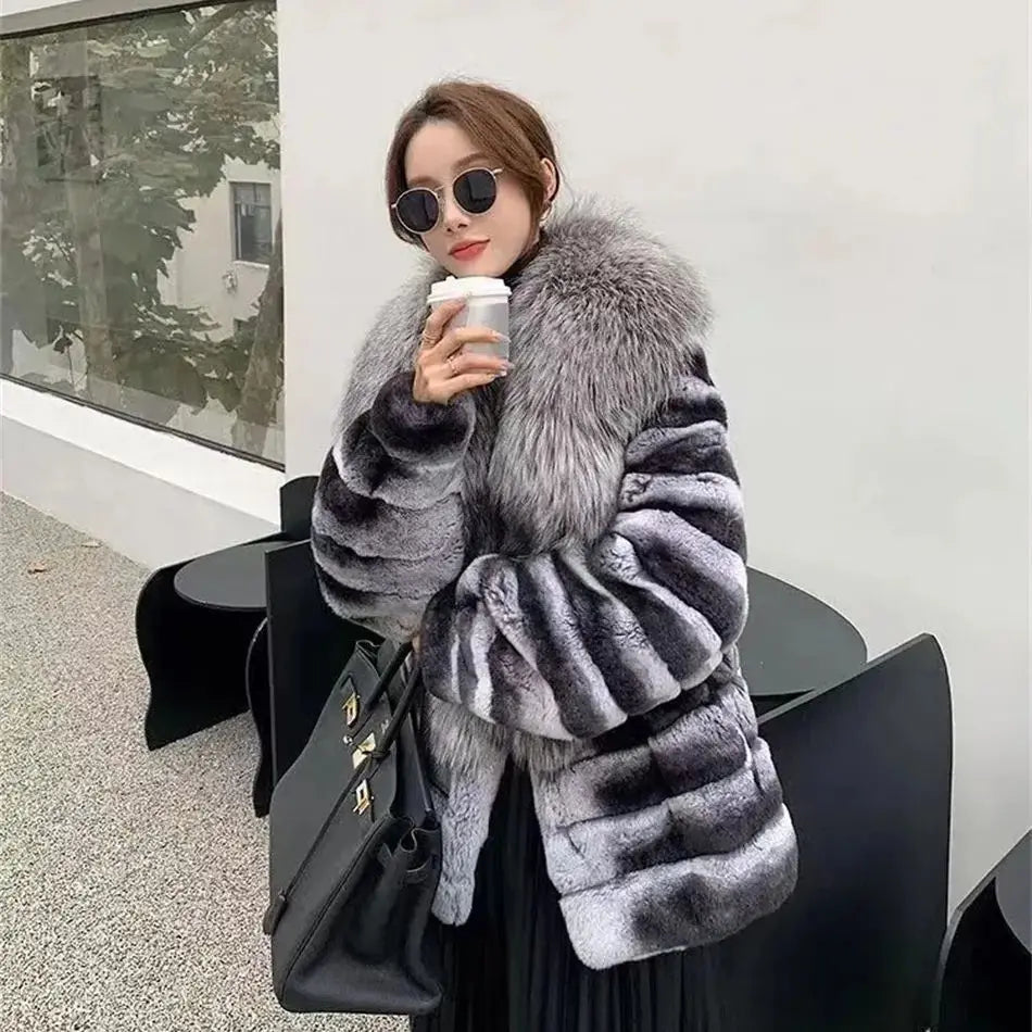Natural Rex Rabbit Fur Coat for Women, Monochromatic Hood, Thickened and Warm, Large Fox Fur Collar, 100% Pure, New, Winter, 202