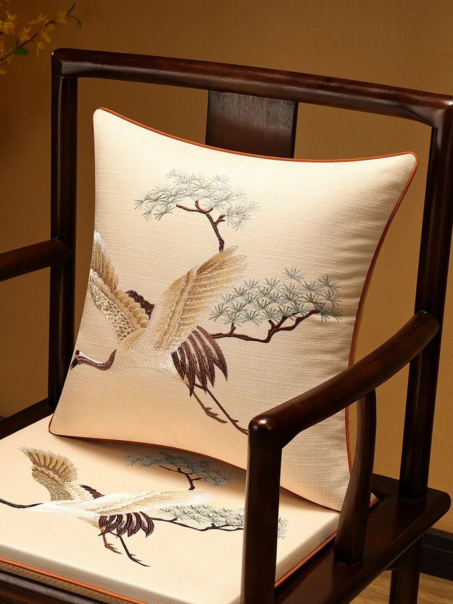 Embroidered Chinese Luxury Cushion Cover 45x45cm Elegant Crane Decorative Linen Pillowcase Living Room Sofa Autumn Pillow Covers