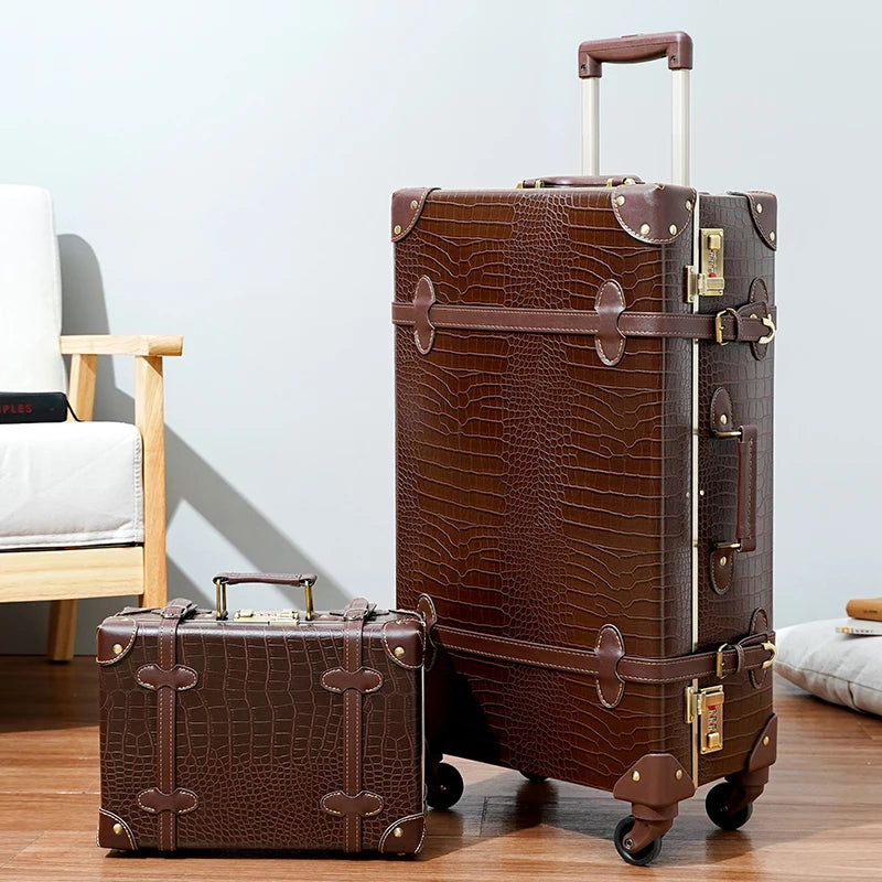 Classic Retro Suitcase 20/24/26inch PP+PC Travel Suitcase Large Capacity Handmade Leather Suitcase Travel Set with Makeup Case