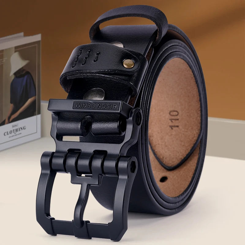 BISON DENIM Luxury Designer Belts for Men Vintage High Quality Cow Spilt Genuine Leather Pin Buckle Waist Strap Belt for Jeans