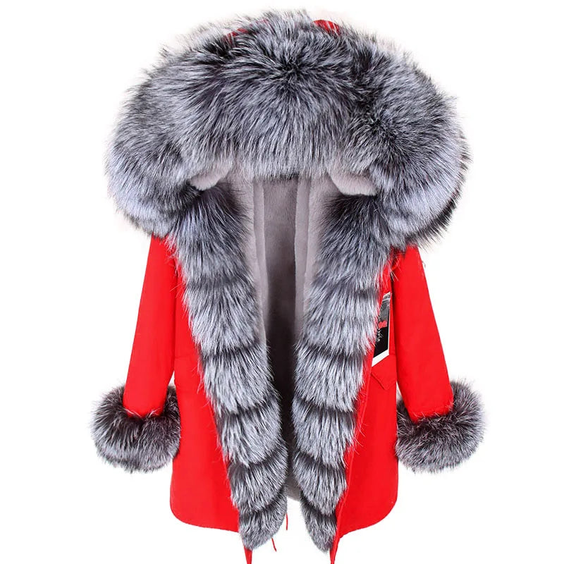 MAOMAOKONG 2024 Winter Women Coat Natural Fox Fur Collar Cuff Black Jackets Outwear Thick Luxury Real Fur Parka Women's Fur Coat