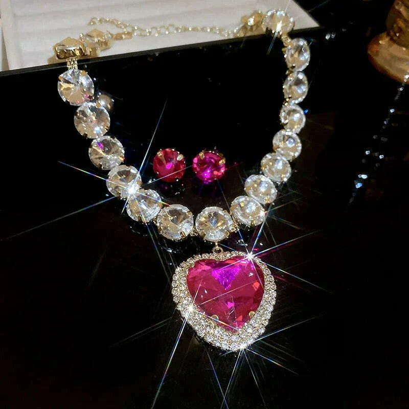 2 Pcs Rhinestone Heart Pendant Necklace Set Exaggerated Geometric Earring Light Luxury Temperament Fashion Women's Jewelry Sets
