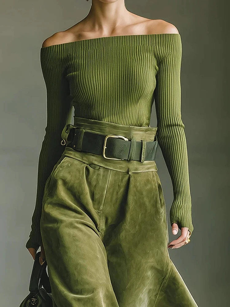 Women's 2PCS Patchwork Outfit Long Sleeve Slash Neck Top with Maxi Skirts Autumn Winter Fashion Elegant Streetwear for Holiday