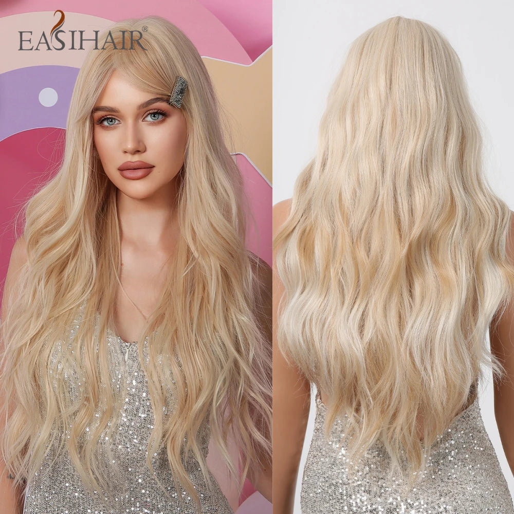 EASIHAIR Sandy Blonde Golden Wavy Synthetic Wigs with Long Bangs Cosplay Lolita Party Hair Wigs for Women Natural Heat Resistant