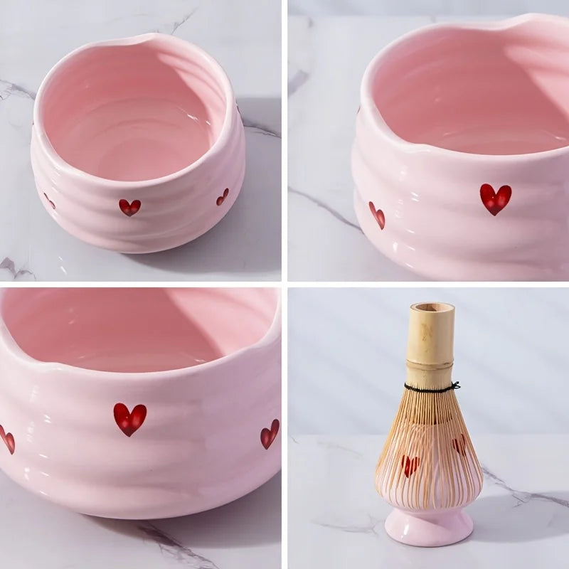 5pcs Pink Heart Decal Ceramic Matcha Set, Cute Matcha Set Includes Matcha Bowl, Matcha Whisk and Holder, Bamboo Scoop, Sifter