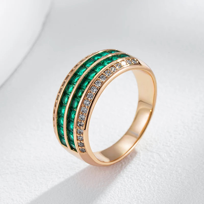 Kinel Luxury Full Green Natural Zircon 9mm Width Rings For Women Fashion Design 585 Rose Gold Color Modern Party Daily Jewelry