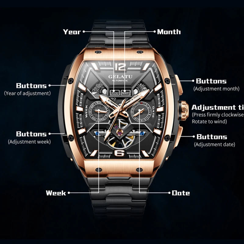 Reloj Hombre Watches Mens GELATU Top Brand Luxury Rose Black Skeleton Tourbillon Automatic Mechanical Watch for Men...
