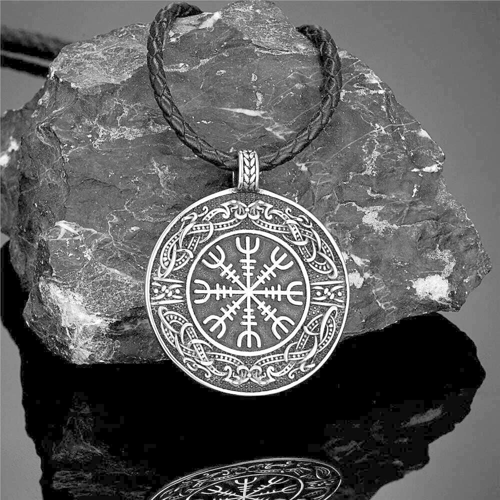 Vintage Ouroboros Vikings Rune Compass Necklace Men Norse Amulet Stainless Steel Pendant Genuine Leather Chain Icelandic Jewelry