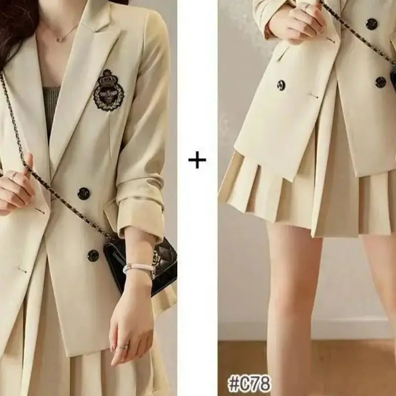 Korean Preppy Suit Women Fashion Embroidered Badge Double Breasted Jacket+High Waisted Pleated Mini Skirt Elegant Party Set 131F