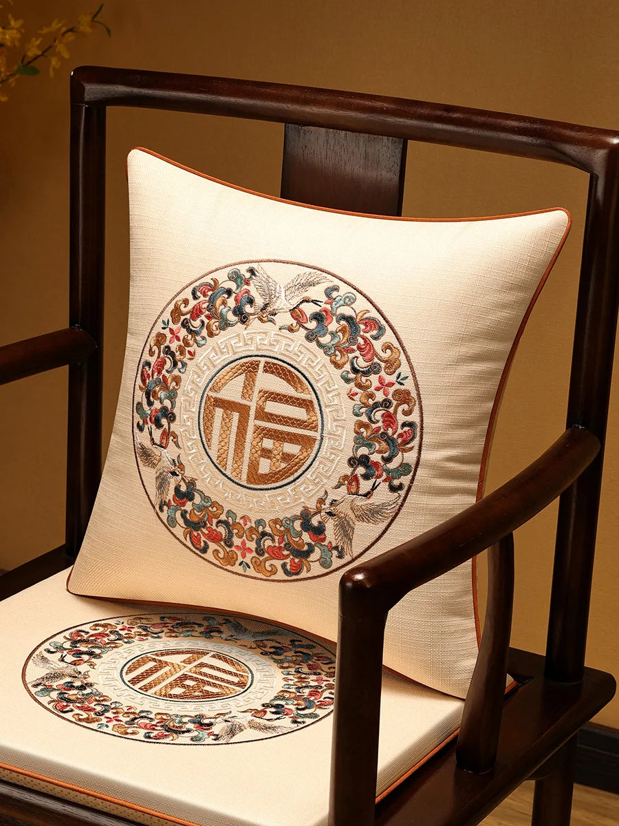 Embroidered Chinese Luxury Cushion Cover 45x45cm Elegant Crane Decorative Linen Pillowcase Living Room Sofa Autumn Pillow Covers