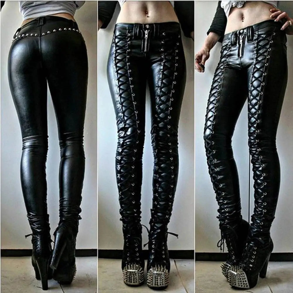 Button Skinny Women Faux Leather Pants Trousers Steampunk Cosplay Carnival Party Trousers
