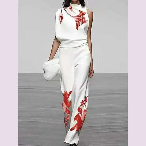 Two Piece Sets High Waist Wide Leg Trousers Outfits Matching Sets Suit Women Solid Turtleneck Sleeveless Tops Print Loose Pant