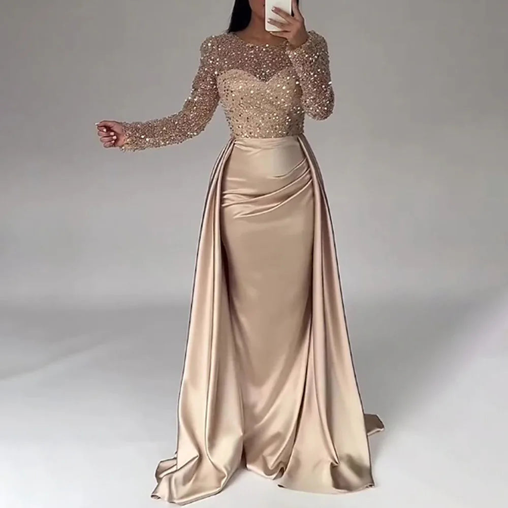 Women's Luxurious Sequins Evening Dress Round Neck Ruched Tiered Bodycon Maxi Dress For Female Prom Wedding Host Elegant Dresses