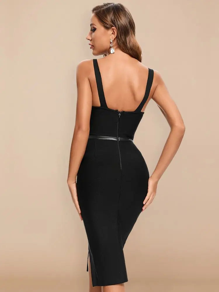 BEAUKEY Summer Sexy Slit Black HL Evening Bandage Dress Women Spaghetti Strap Maxi Dress Bodycon Club Party Dress XL Club Party