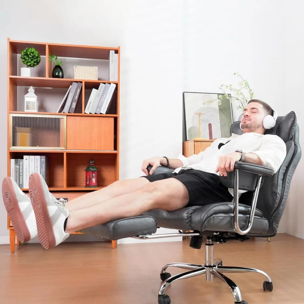 ergonomic large-size executive reclining office chair with footrest and adjustable high back leather seat