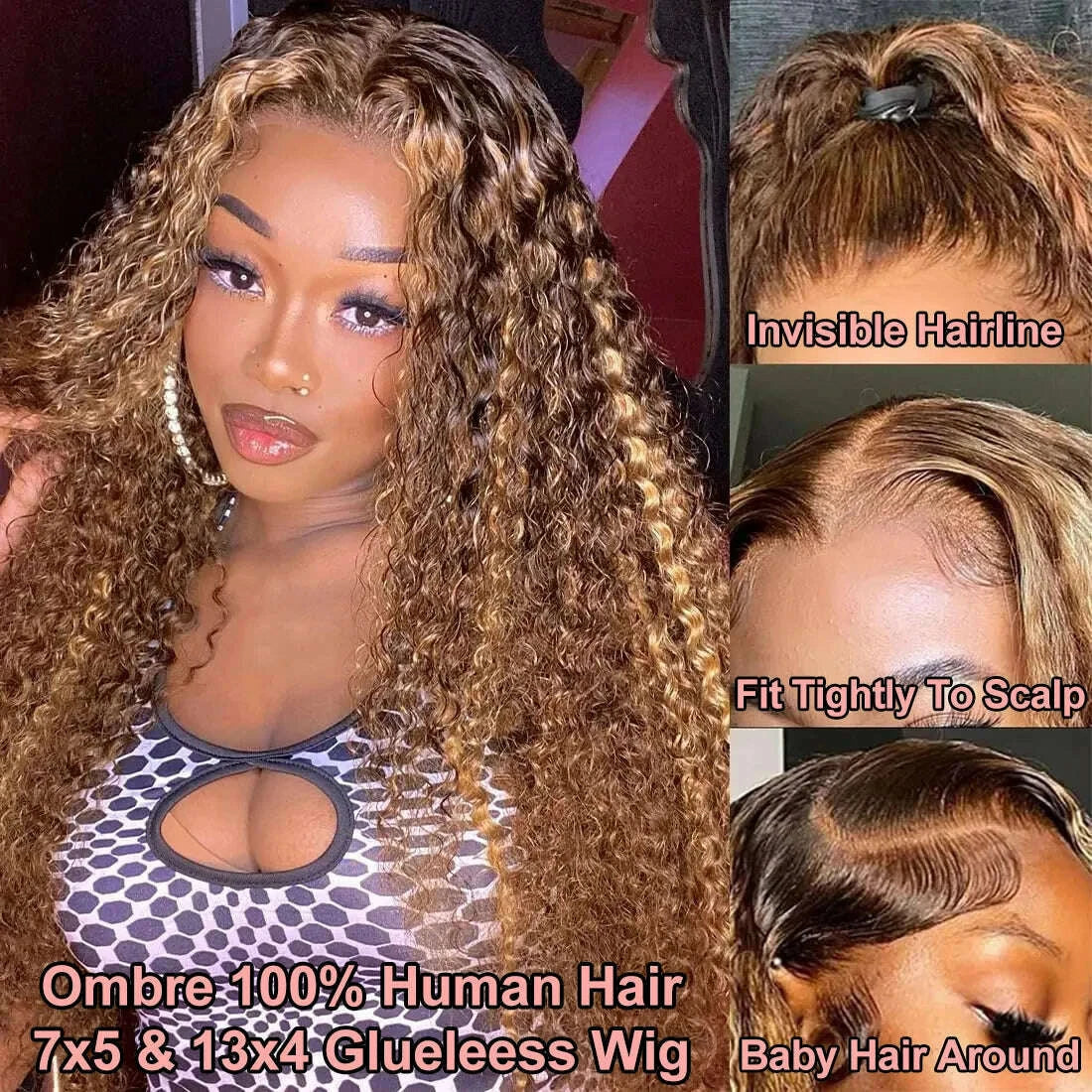 4/27 Ombre Curly Highlight Wig Human Hair Preplucked 7x5 Lace Closure Glueless Wigs Human Hair Deep Wave Ready To Wear For Women