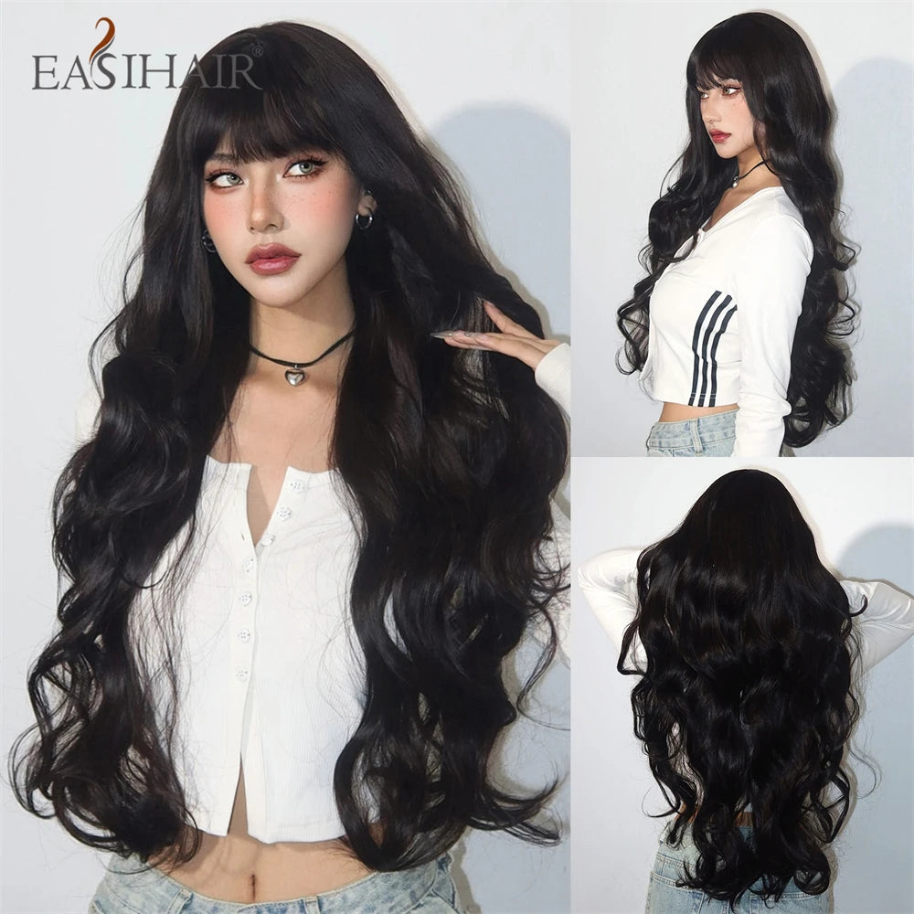 EASIHAIR Sandy Blonde Golden Wavy Synthetic Wigs with Long Bangs Cosplay Lolita Party Hair Wigs for Women Natural Heat Resistant