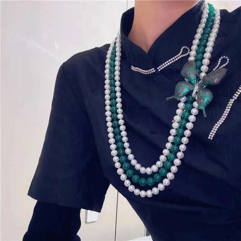 3rows freshwater pearl white near round 7-8mm &green jade round necklace 80cm