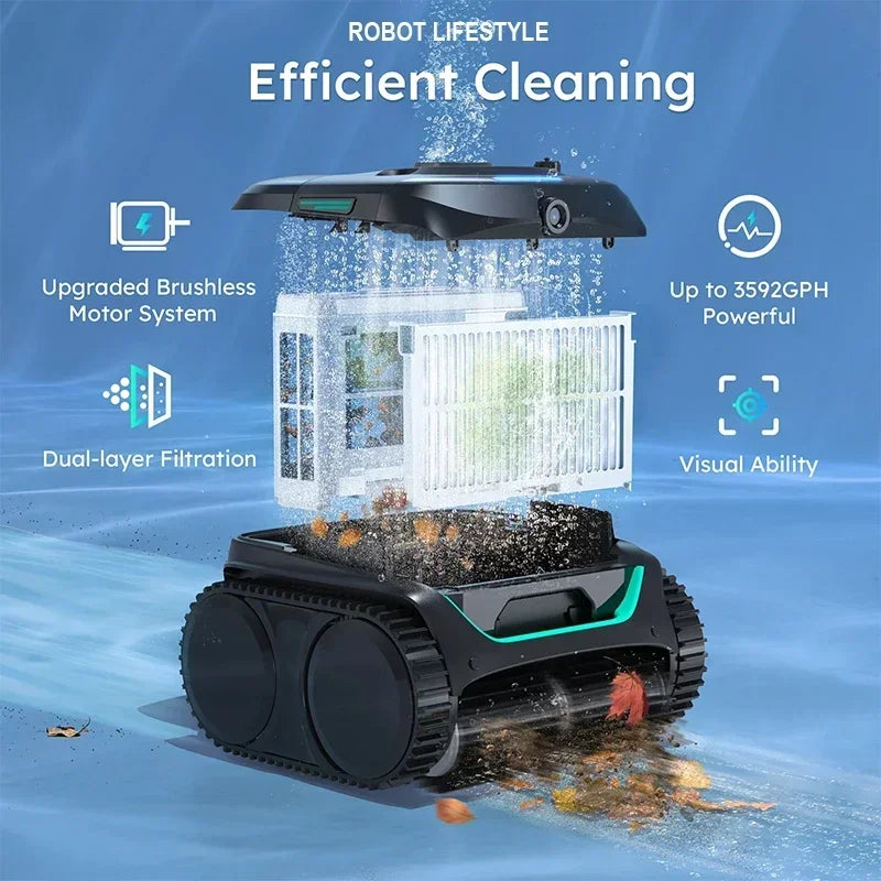 Robot Swimming Pool Cleaner Wireless C2V APP AI Vision Self-Learning Visual 80° Dual-layer Filtration 180mins Running Time 200㎡