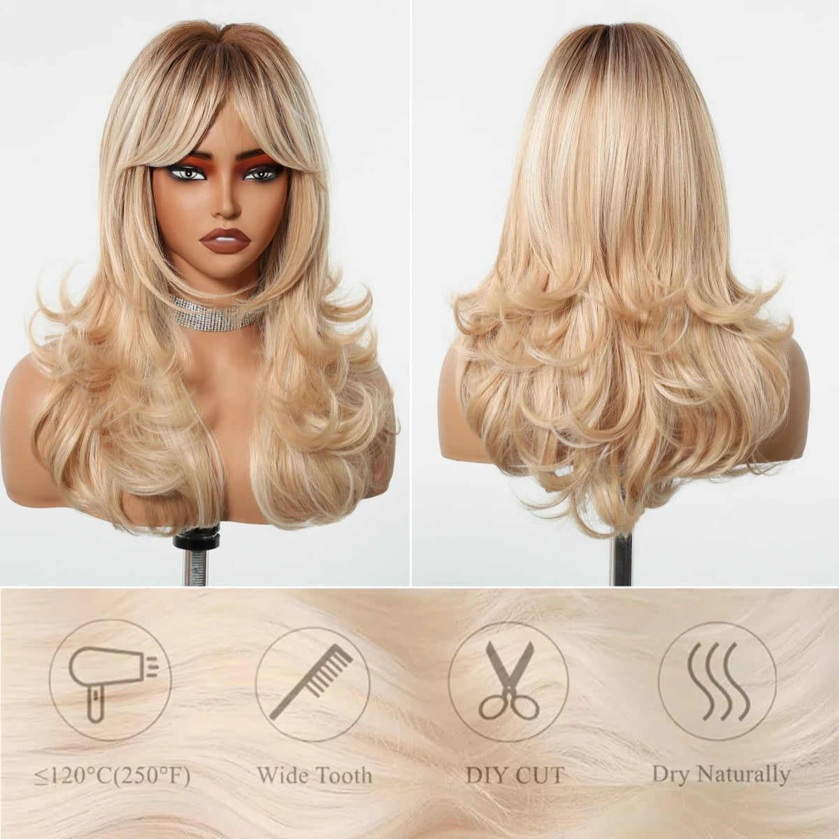 Golden Blonde Mixed Synthetic Wig Dark Root Wavy Hair With Side Bangs for Women Daily Party Cosplay wig Heat Resistant Fiber