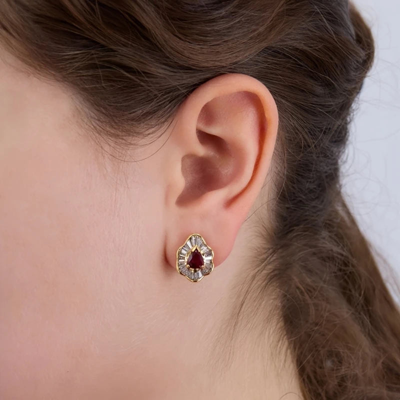 1pair Luxury Women's Earring Red Cubic Zirconia Wedding Anniversary Stud Earring Gift Women's Elegant Accessory Jewelry