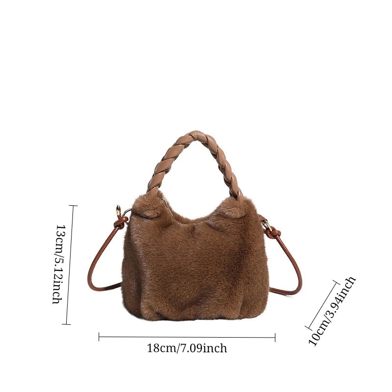 Fluffy Texture Vwrastile Crossbody Bag Women Winter Fashion Furry Bucket Bag with Braided Leisure Handle Shoulder Storage Bags