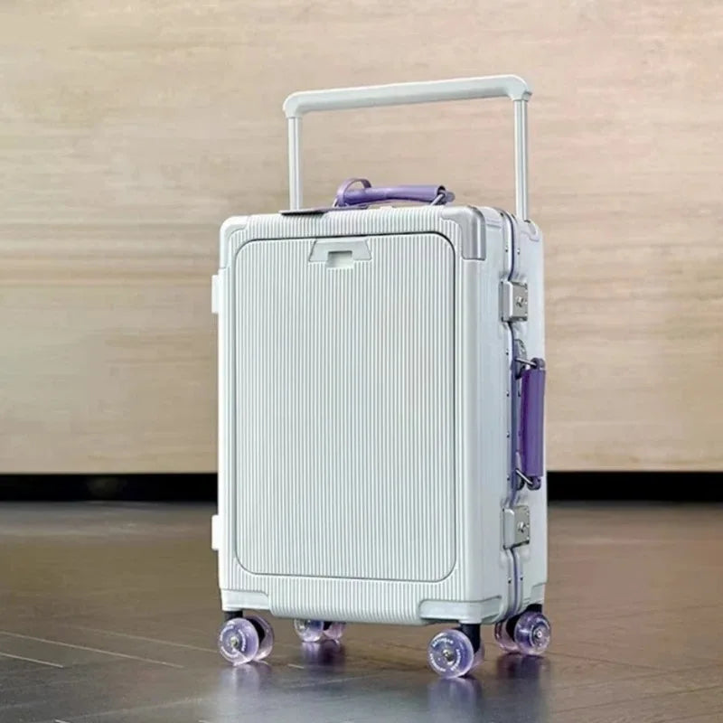 Front Opening Pocket Rolling Luggage Aluminum Frame Wide Handle Trolley Suitcase with Colorful Silent Wheels & USB Charging Plug