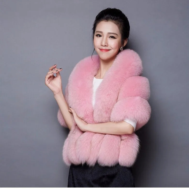 Faux Fur Fox Women Coats Shawl Cloak Coat Thick Open Stitch Elegant Maxi Warm Wedding Work Thick Outerwear Autumn Winter