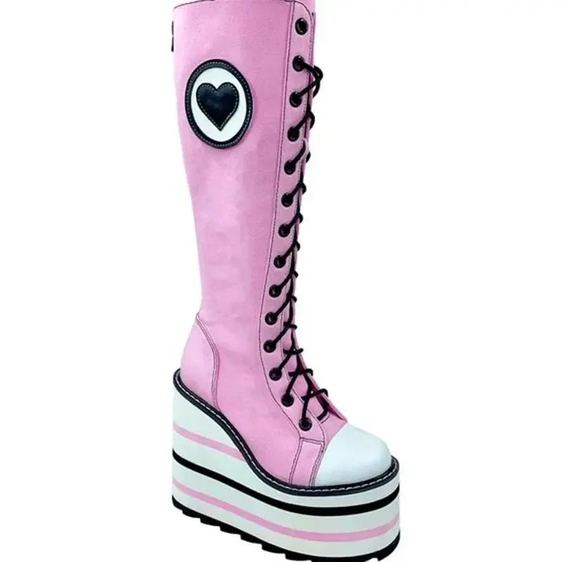 Canvas red Check Platform Knee high Boots Women Metal Chain Round Toe Wedges Cross Tied Lolita Heighten Shoes Lovely Sexy Boots