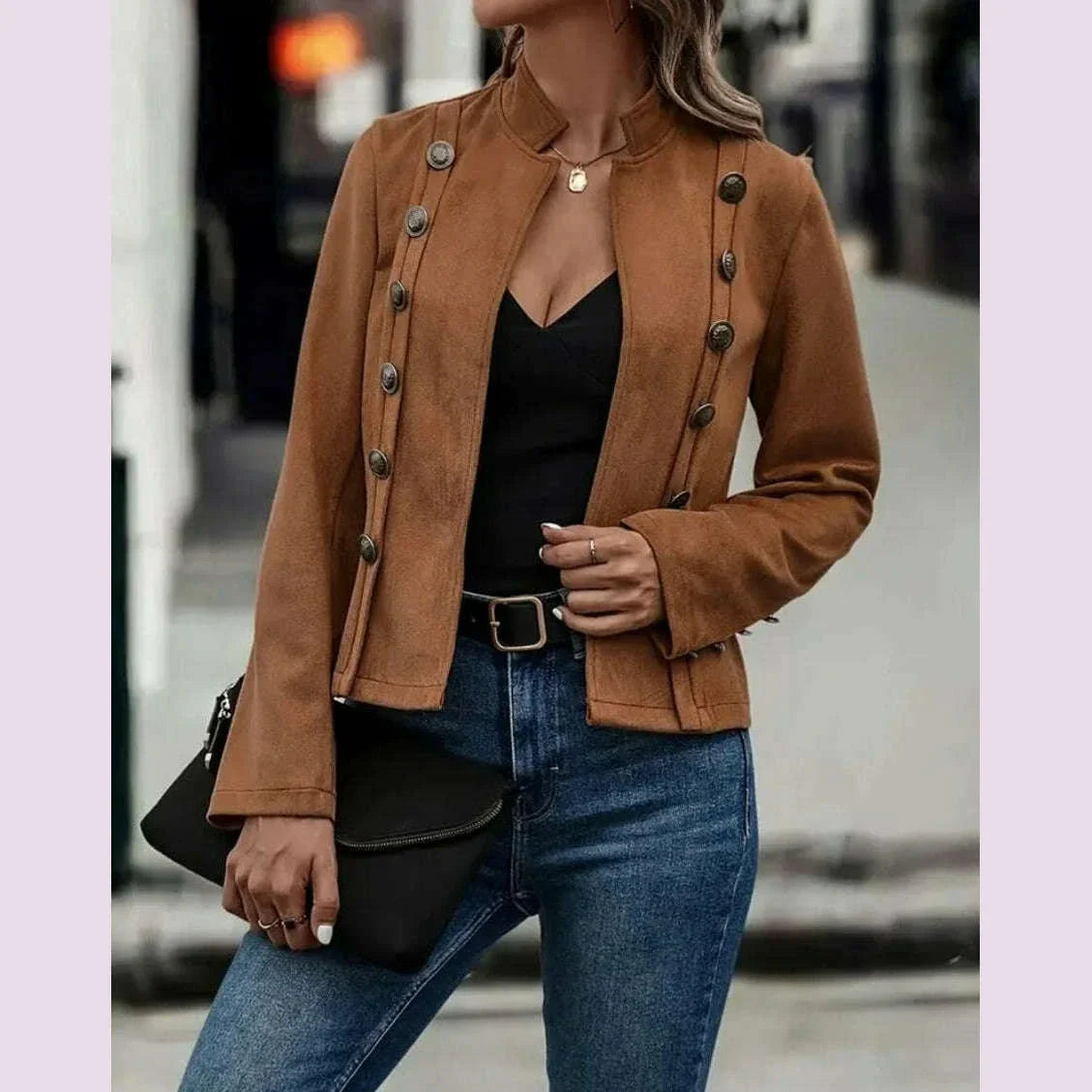 Spring Auutmn Jacket Blazer Coat Double-breasted Stand Collar Buttons Slim Long Sleeves Retro Cardigan Women Outdoor Suit Jacket