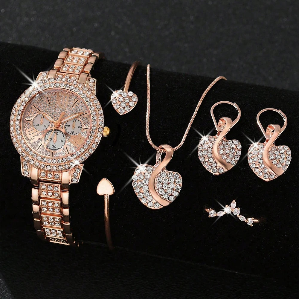 Women's Quartz Watch Gold Luxury Women Ring Necklace Earring Rhinestone Fashion Wristwatch Casual Ladies Watches Jewelry Set 