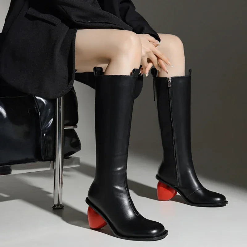 New Retro Sexy Round Toe Peach Heart Heel Side Zipper Knee High Boots European American Fashion Show Color Blocked Women's Boots