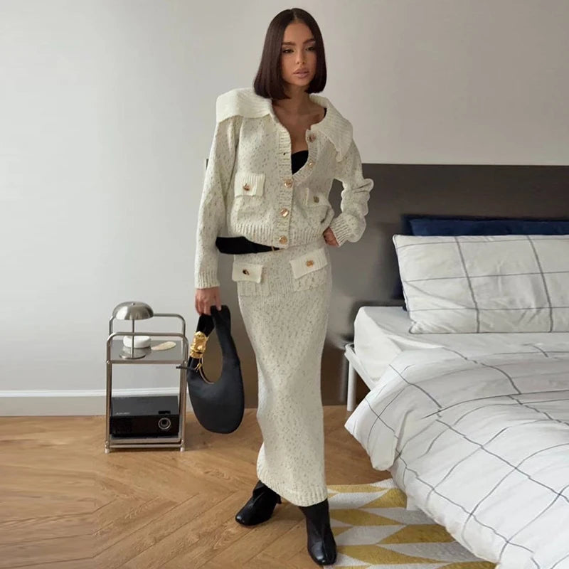Fashion Knitted Long Skirts Sets Women Lapel Full Sleeve Single Breasted Sweater Hip Package Slim Skirt 2026 Spring Lady Outfits