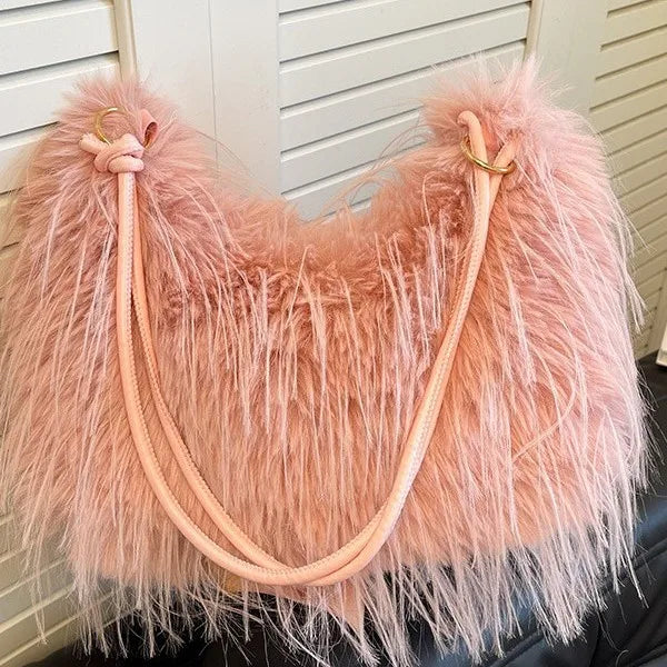 Trendy Large Capacity Plush Tote Bag Women's Crossbody Commuter Armpit Bag Street Style Fashion Soft Synthetic Leather Interior