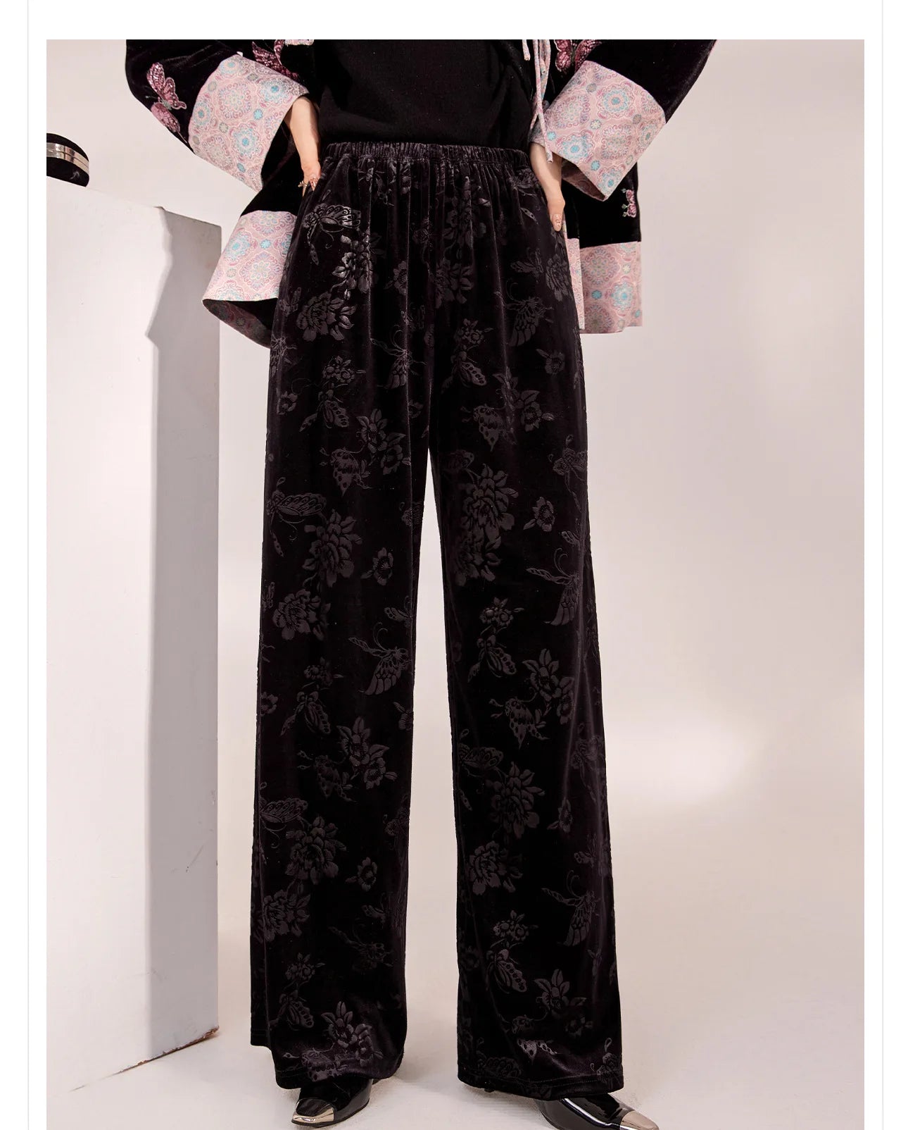 Spring and Autumn New Chinese Style New Elegant Elastic Waist Wide Leg Pants Jacquard Casual Design Loose Long Pants Female S-L