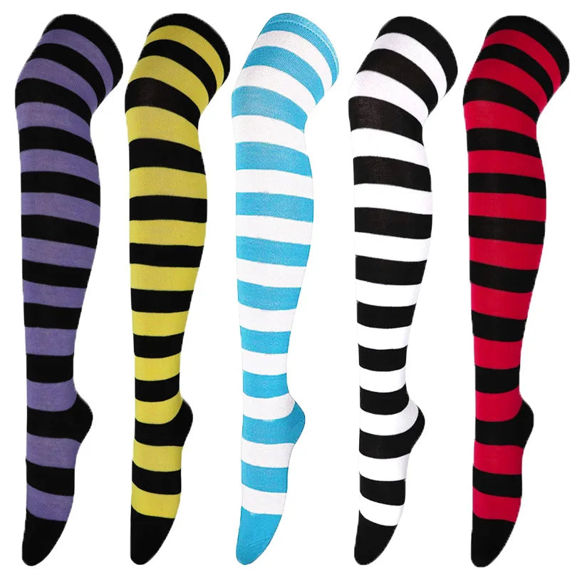 Wide Striped Stockings Women Over Knee High Long Socks Christmas Halloween Cosplay Anime Performance Party Gifts Socks Colorful