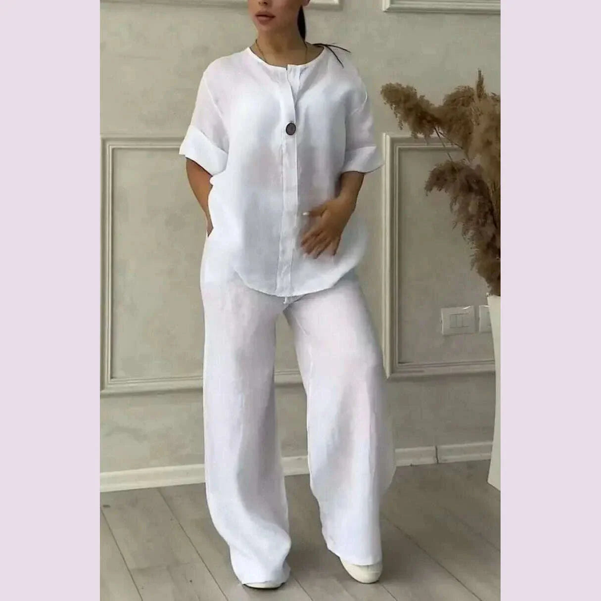 Women's Cotton and Linen Pants Suit Casual Solid Pullover Pants 2-piece Set White Pink Simple Wide Leg Pants Two Piece Set Suits
