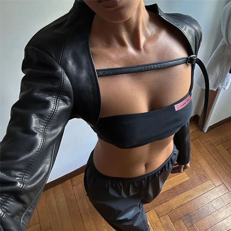 BOOFEENAA Crop PU Leather Jacket Women with Tube Top Two Piece Set Streetwear Fashion Black Coats Winter Clothes C71-CH22
