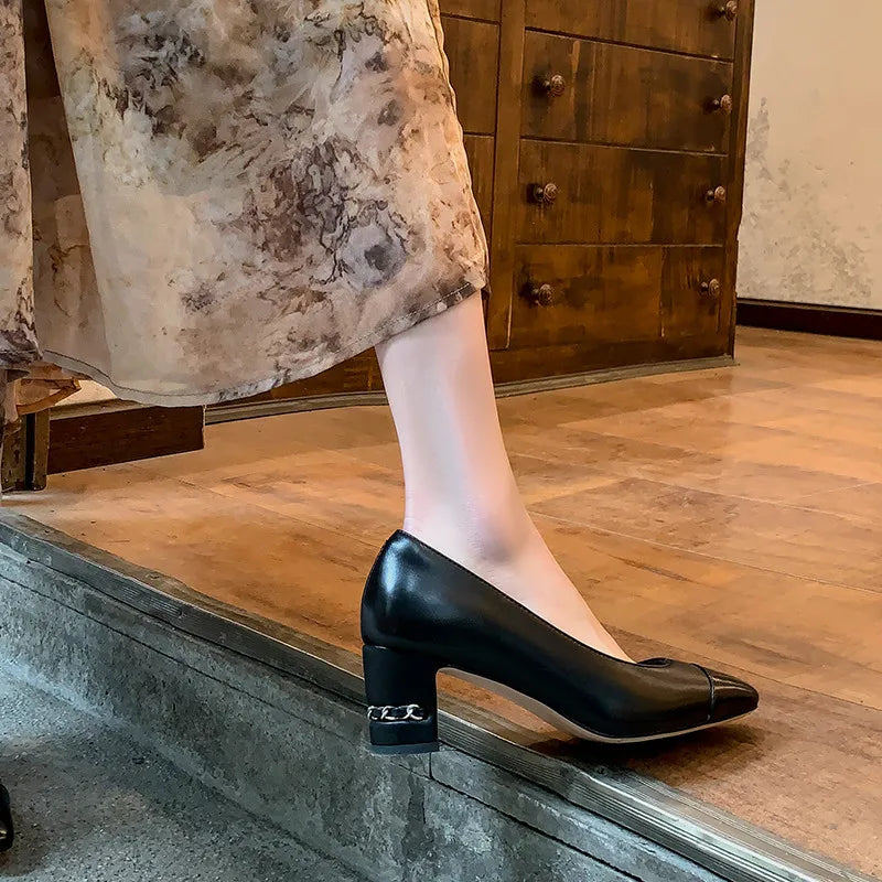 MKKHOU Fashion Shoes New High Quality Genuine Leather Shoes Color blocked Round Head Shallow Mouth High Heels Women's Shoes - Kimlud