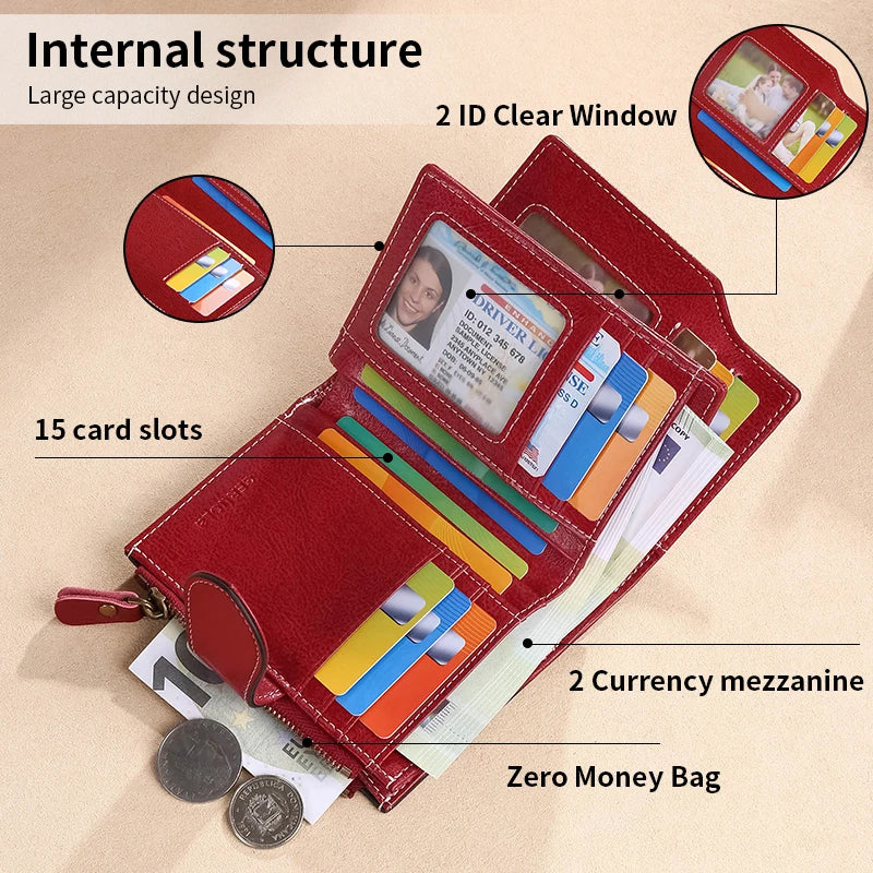 RFID anti-theft brush new three fold multi fold genuine leather cowhide wallet multifunctional anti tamper magnetic card bag sho