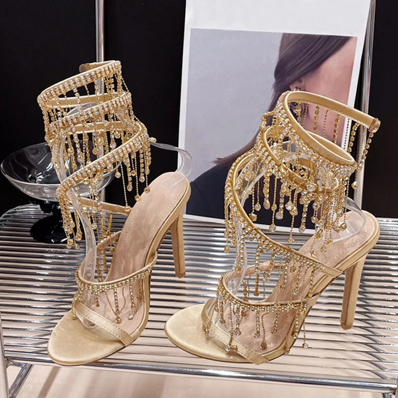 Liyke Elegant Women Wedding Banquet Shoes Fashion Crystal Tassel Twining Stiletto Sandals Sexy Open Toe Stripper Heels Golden - Kimlud
