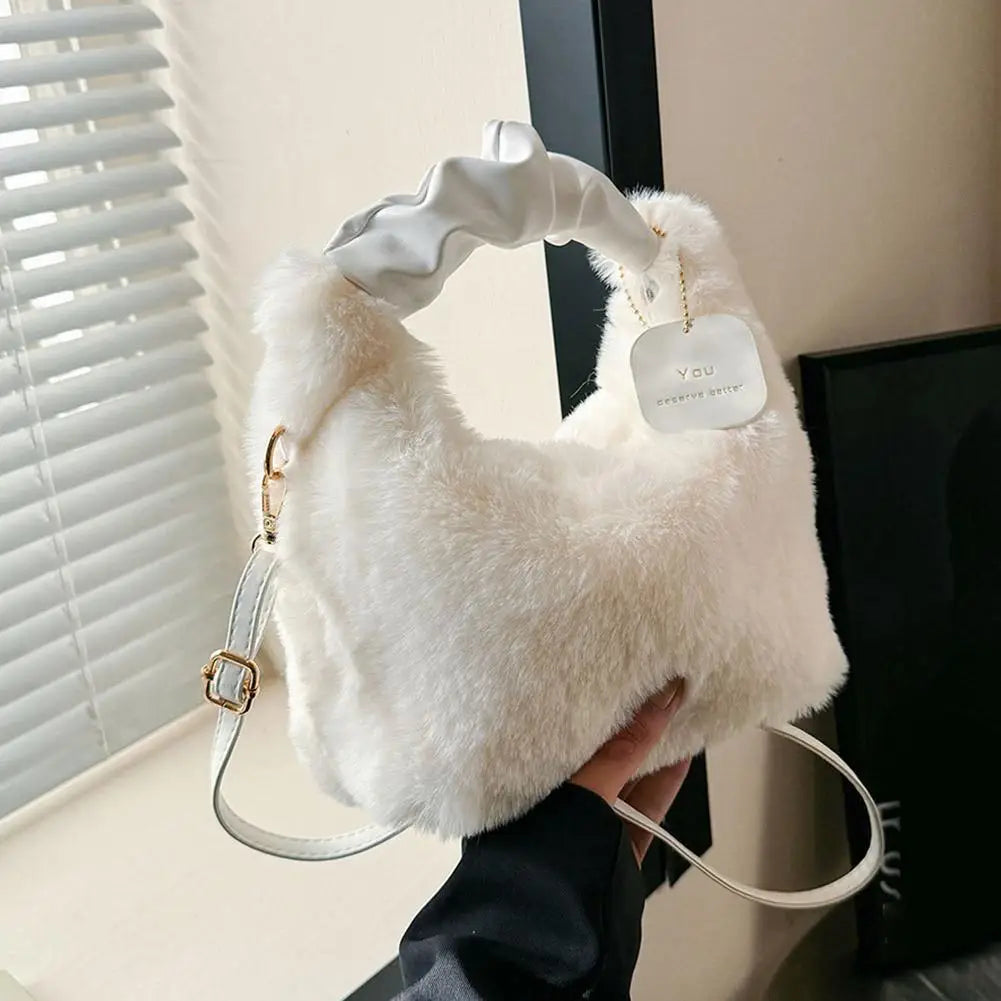 New Winter Plush Handbag Small Half Moon Crossbody Bag Simple Elegant Cute Ladies Shoulder Bag