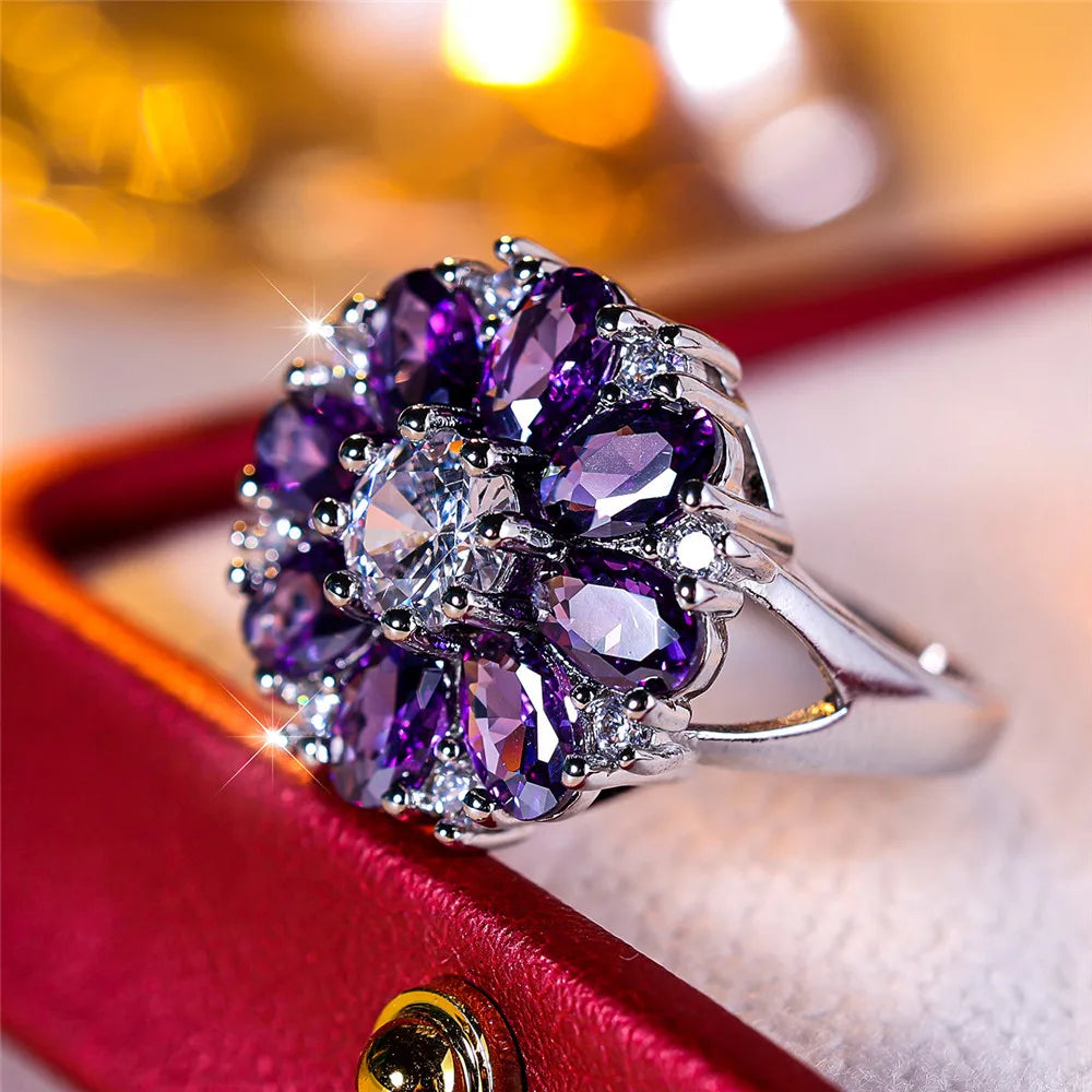Luxury Female Crystal Purple Stone Sun Flower Engagement Ring Vintage Silver Color Wedding Jewelry For Women