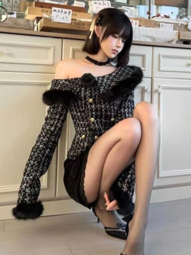 New Winter Elegant Fashion 2 Piece Set Women Off Shoulder Long Sleeve Cardigan Coat +Mini Skirt French Casual Chic Retro Outfits