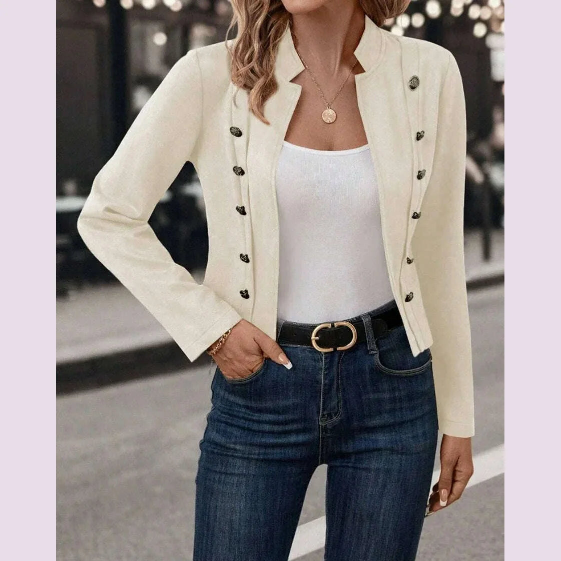 Spring Auutmn Jacket Blazer Coat Double-breasted Stand Collar Buttons Slim Long Sleeves Retro Cardigan Women Outdoor Suit Jacket