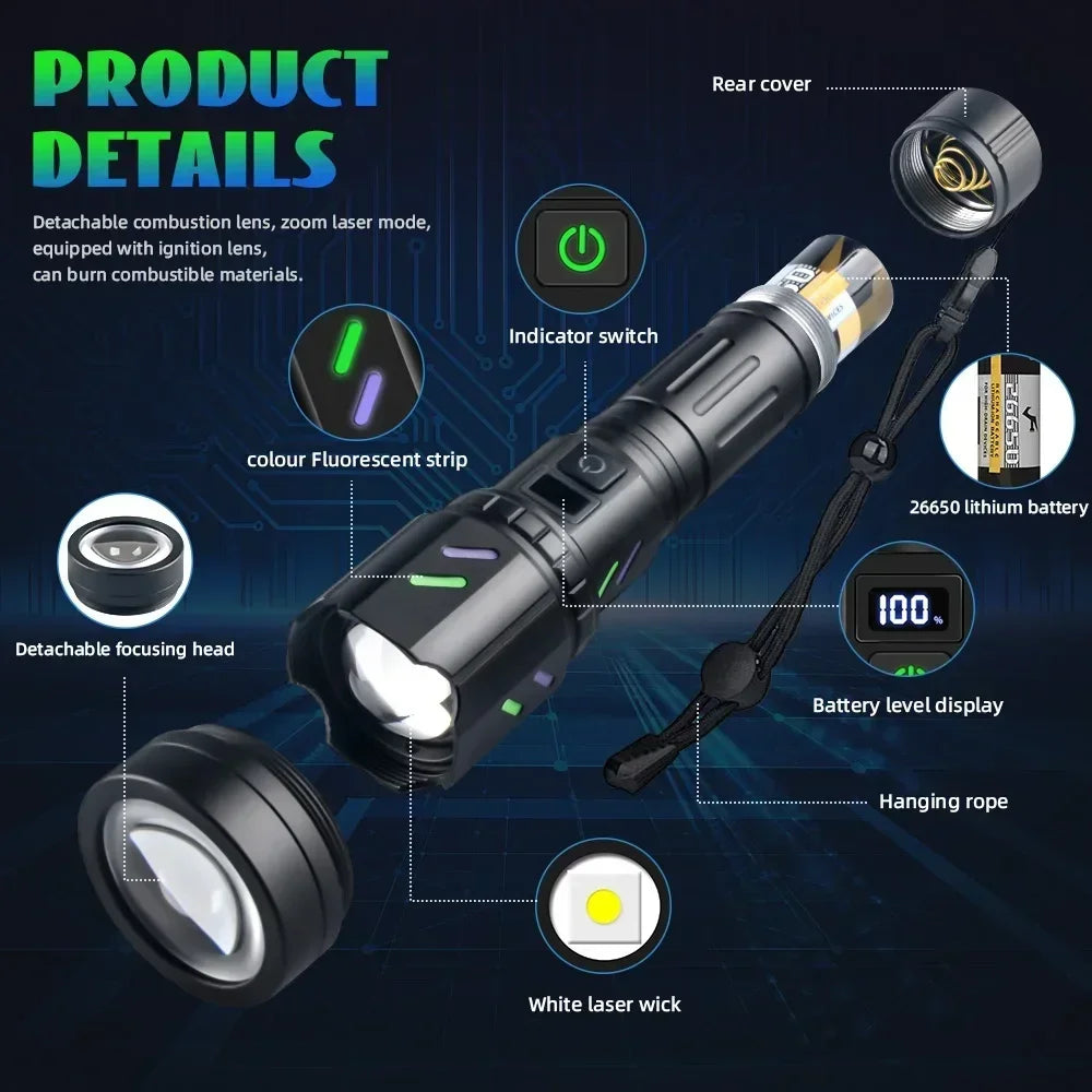 Bright LED White Laser Flashlight By 26650 Battery Zoom Tactical Torch with Ignition Lens for Outdoor Camping Emergency Lantern