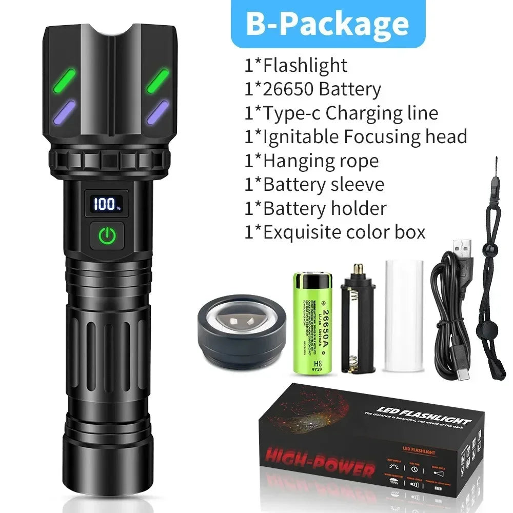 Bright LED White Laser Flashlight By 26650 Battery Zoom Tactical Torch with Ignition Lens for Outdoor Camping Emergency Lantern