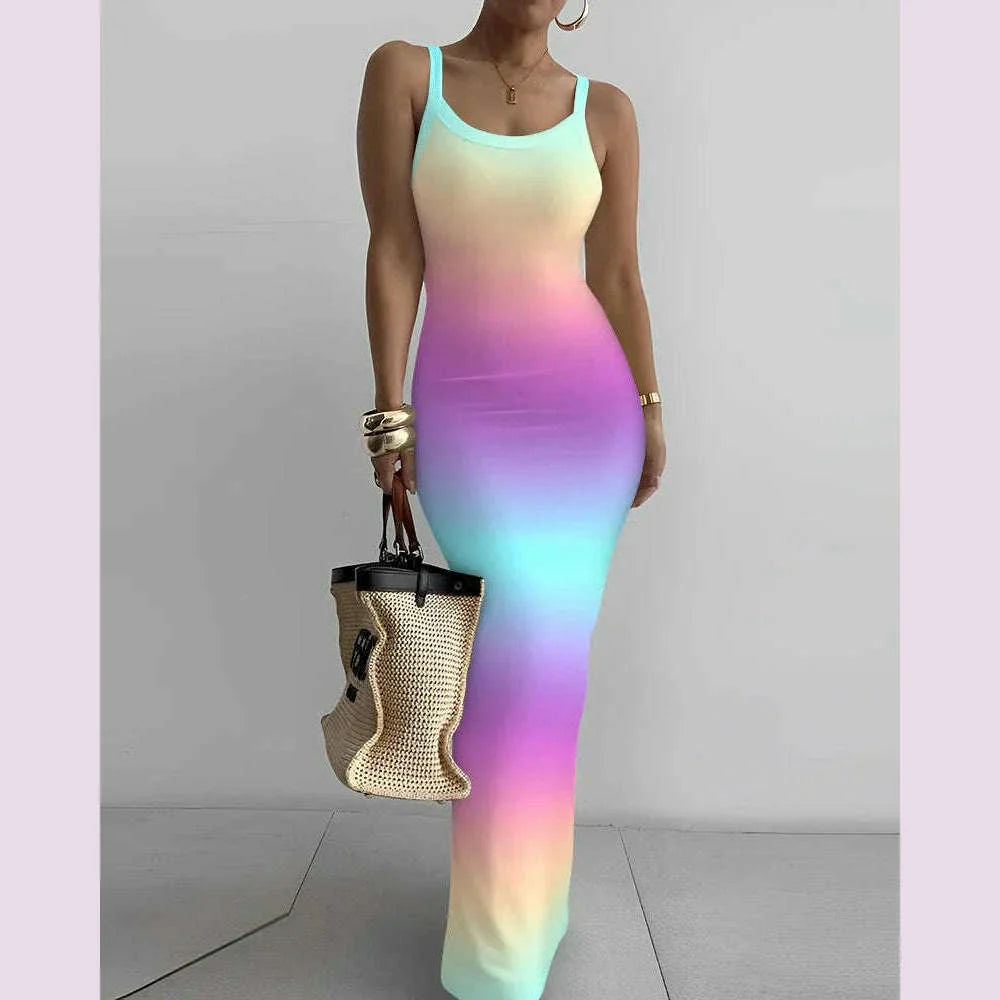 2025 Women s Sleeveless Strap O neck Sexy Belt Colorful Printed Long Skirt Evening Dress Y2k Sleeveless Solid Color Tight Fit